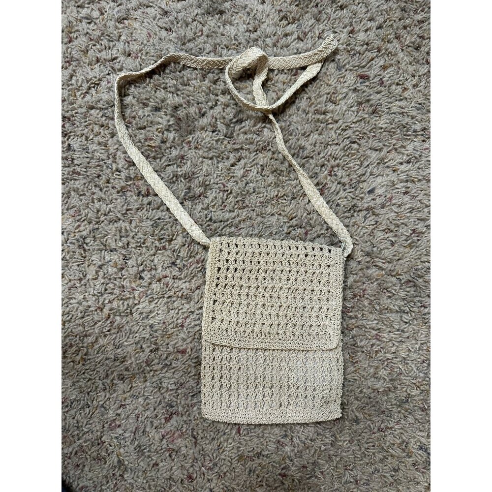 Beige Crochet Crossbody Bag 100%‎ Rayon Lightweight Small Purse Flap Closure